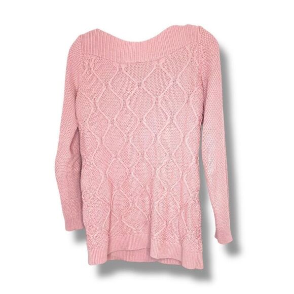 LOFT Dusty Pink Cable Knit Cotton Wide Neck Long Length Sweater Women’s Size XS - Picture 5 of 10